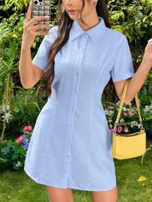 Vestido casual de manga corta con botones delanteros de unicolor - Celeste - Ver 5