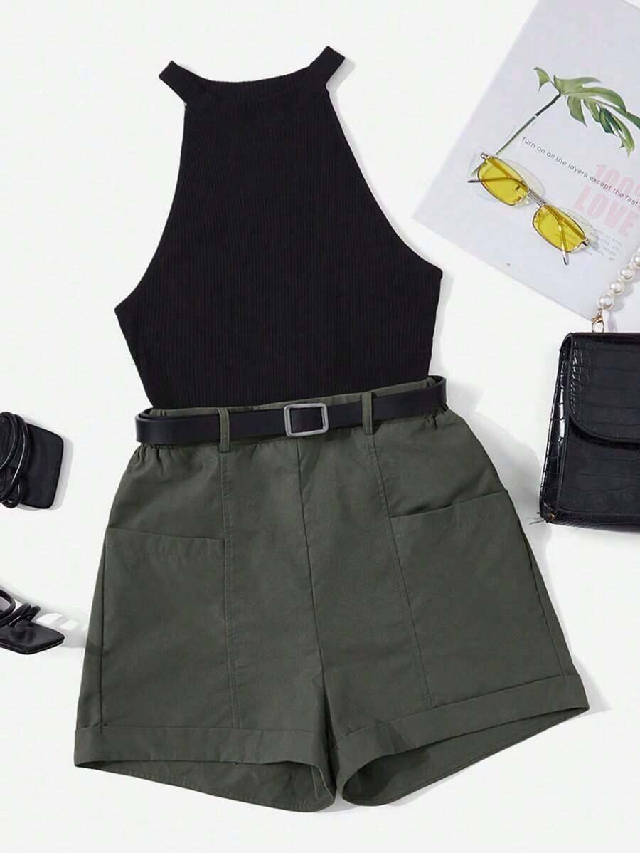 Top halter & Shorts sin cinturón - Gris - Ver 1