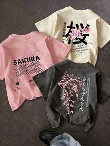 3 piezas Camisetas de manga corta con estampado floral de Sakura de Tokio.Nuevas blusas casuales holgadas y versátiles de cuello redondo con diseño minimalista y lindo para mujer, adecuadas para uso diario y vacaciones.Apropiadas para el Día de San Valentín, el regreso a clases, el Día del Maestro y otras festividades.Verano - Multicolor - Ver 3