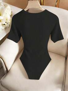 Mono elegante para mujer, mono casual, mono de cuello redondo, mono diario, mono de manga corta - Negro - Ver 2