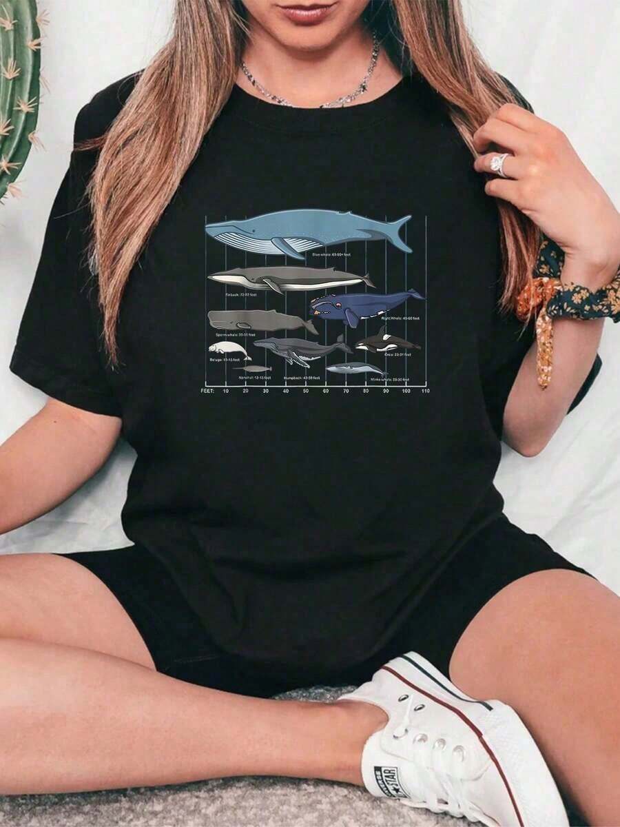Algodón Camiseta De Manga Corta Con Cuello Redondo Y Estampado De Ballena Para Mujer, Informal, De Verano, Tops Gráficos Para Mujer. - Negro - Ver 1
