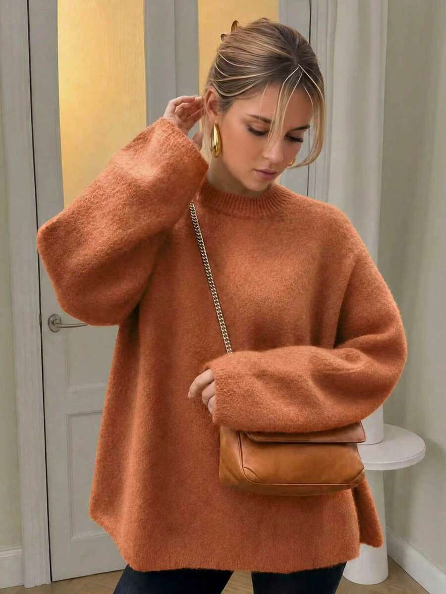 Áo len nữ tay dài cổ tròn màu xanh lá cây kiểu retro, áo dệt kim thanh lịch cho trang phục thường ngày, mùa thu/đông. - trái cam - Xem 1