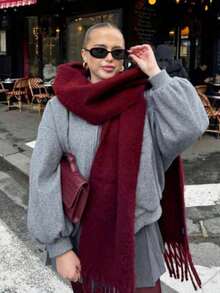 1 Solid Color Scarf, Keeps Neck Warm In Winter, Thickened Wool Knit Tassel Shawl, Can Be Worn With Dresses - Plum Purple - View 2