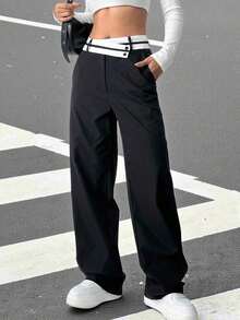 Pantalones rectos casuales para mujeres con bolsillos y cintura asimétrica en bloque de color - Blanco y Negro - Ver 3