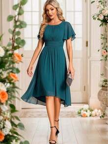 Vestido de dama de honor de gasa con pliegues y mangas con volantes, vestido de noche elegante para invitados de boda en primavera - Agua verde azul - Ver 7