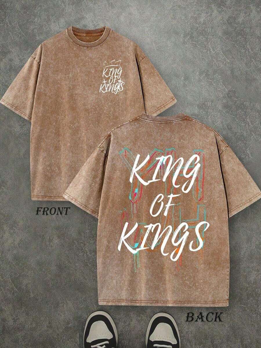 Camiseta Retro Lavada con Estampado a Doble Cara (Camiseta de 230 g de Algodón Puro) con Estampado de Letras y Corona 'YHWH REY DE REYES', Camiseta para Hombre, Casual, Cómoda, a la Moda, Estilo Urbano de Algodón - Café integral - Ver 1