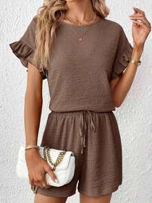 Top de manga con volante & Shorts de cintura con cordón - Marrón Mocha - Ver 4