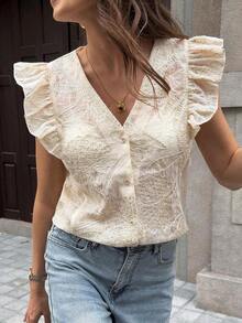 Clasi Blusa blanca elegante y casual con cuello en V, mangas con volantes, falso bordado y estampado floral, adecuada para primavera/verano - Albaricoque 2 - Ver 6