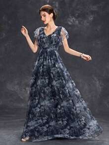 Vestido con estampado floral y mangas con volantes para mujer, vestido de madre de la novia para boda, vacaciones y primavera en color negro - Negro - Ver 4