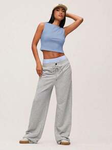 Top de depósito casual sin mangas para verano con cuello redondo y dobladillo dividido - Azul - Ver 5