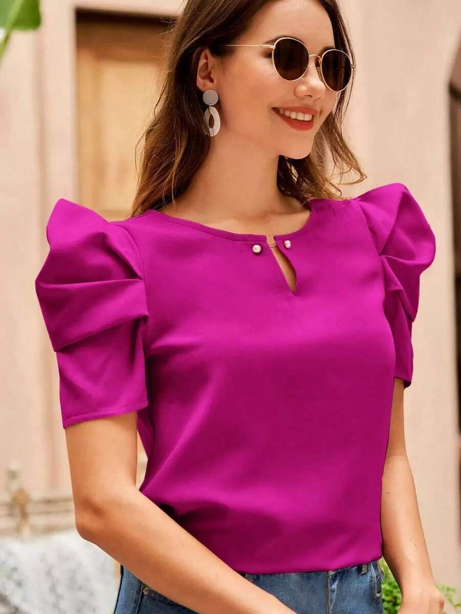 Clasi Blusa de cuello con abertura de ojo de manga farol - Rojo violeta - Ver 1