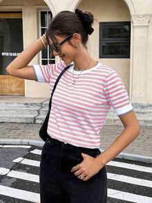 Tops de Punto A rayas Casual - Rosado Sandía - Ver 4