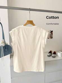 Camiseta de algodón casual de cuello redondo de doble capa con hombros anchos y sin mangas para mujeres, adecuada para uso casual diario, blanco para verano, parte superior de trabajo para verano - Beis - Ver 2