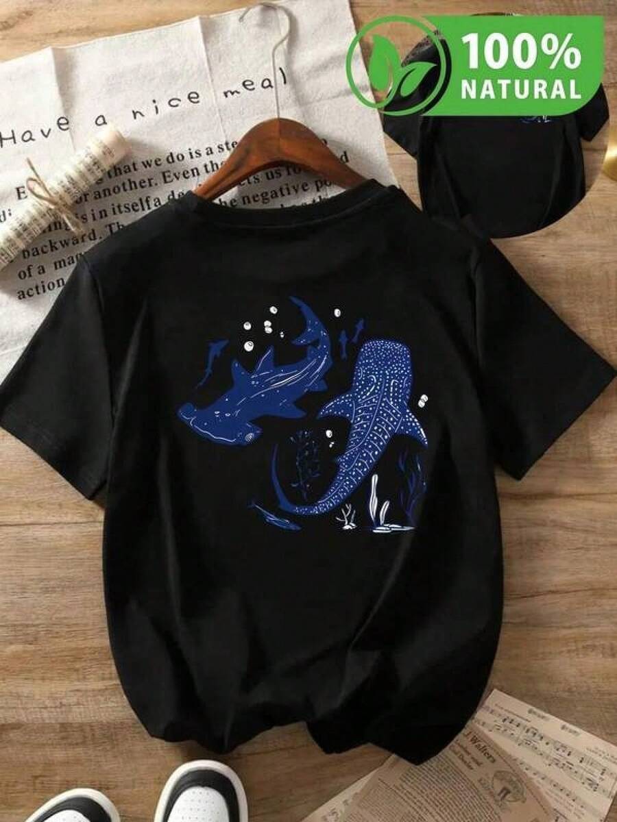 100% Algodón Premium 180g .¡Oferta Especial!Playera.T-shirt unisex tiburón ballena azul manga corta estampada casual estilo urbano 100% algodón para hombre y mujer ideal para el verano diseño único y fresco juvenil moda mexicana camiseta negra cómoda y suave Camiseta Streetwear Unisex Ideal para Conciertos y Regalo - Negro - Ver 1