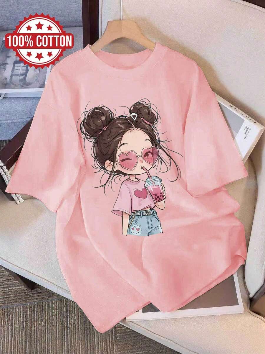 Graphic Print T-Shirt, Short Sleeve And Round Neck, Casual Top For Summer And Spring, Women's Clothing - Rose - View 1