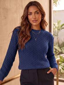 Women's Honeycomb Knit Sweater, Long Sleeve, Round Neck, Ribbed Cuffs, Winter Knit - Màu Đỏ Sâu - Xem 6