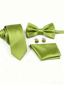 4pcs Men's Business Solid Color Polyester Tie & Bow Tie & Pocket Square & Cufflinks Combination Set, For Weddings - Lime Green - View 2