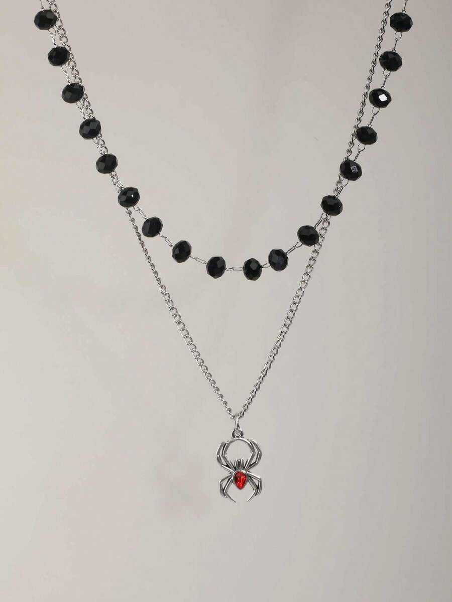 Dây chuyền hình nhện hai lớp đính đá đen phong cách Gothic cổ điển, vòng cổ choker nhiều lớp tối giản thanh lịch dành cho nữ, sản phẩm mới về. - Bạc - Xem 1