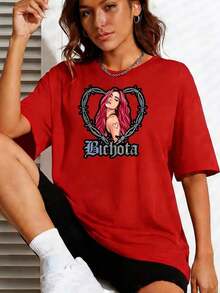 PAYEAH 1 Piece Women's Heart Graphic T-Shirt, 100% Cotton - Breathable Polyester Blend, Casual Short Sleeve Crew Neck T-Shirt With Chain Detail, Machine Washable - Perfect For Spring And Summer, Thick Cotton T-Shirt, Cool Summer Clothes For Women - 紅色 - 查看 1