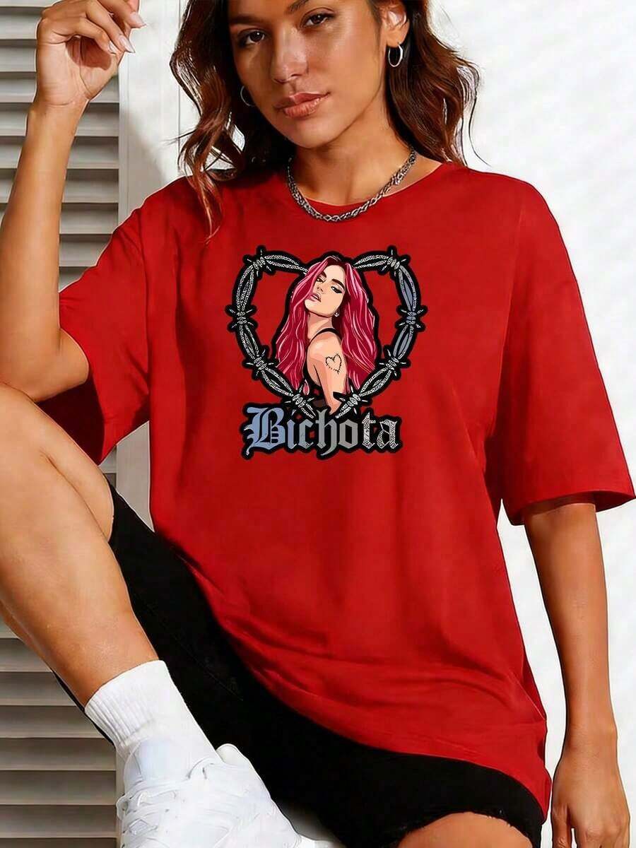 PAYEAH 1 Piece Women's Heart Graphic T-Shirt, 100% Cotton - Breathable Polyester Blend, Casual Short Sleeve Crew Neck T-Shirt With Chain Detail, Machine Washable - Perfect For Spring And Summer, Thick Cotton T-Shirt, Cool Summer Clothes For Women - 紅色 - 查看 1