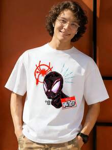Spider Man Mask Red Web Graphic T Shirt 100 Percent Cotton Tshirts For Men MARVEL Marvel Universe Superhero Summer Outfits Men Mens Clothing Mens Tops Streetwear Mens Gift Ideas Innerwear Or Outfits,Mens Fashion - White - View 1