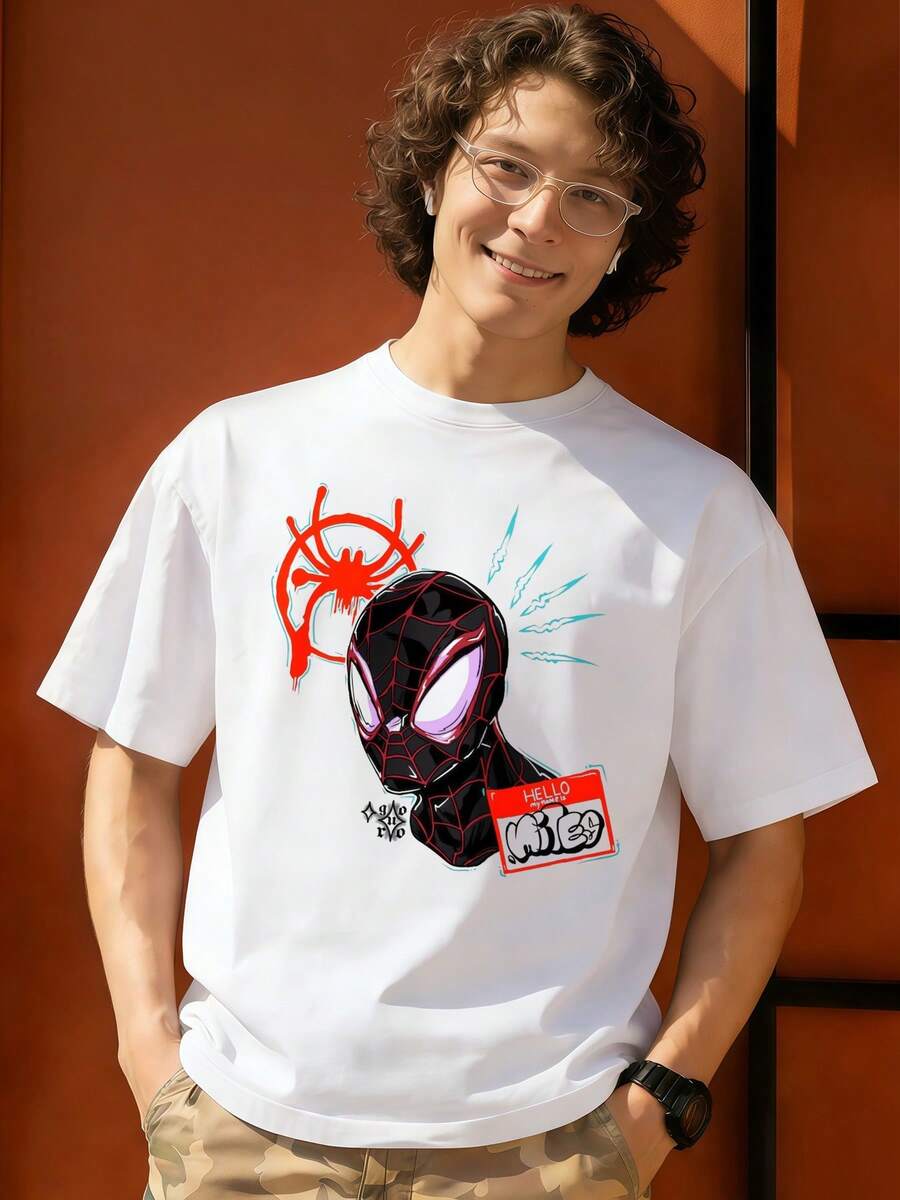 Spider Man Mask Red Web Graphic T Shirt 100 Percent Cotton Tshirts For Men MARVEL Marvel Universe Superhero Summer Outfits Men Mens Clothing Mens Tops Streetwear Mens Gift Ideas Innerwear Or Outfits,Mens Fashion - White - View 1