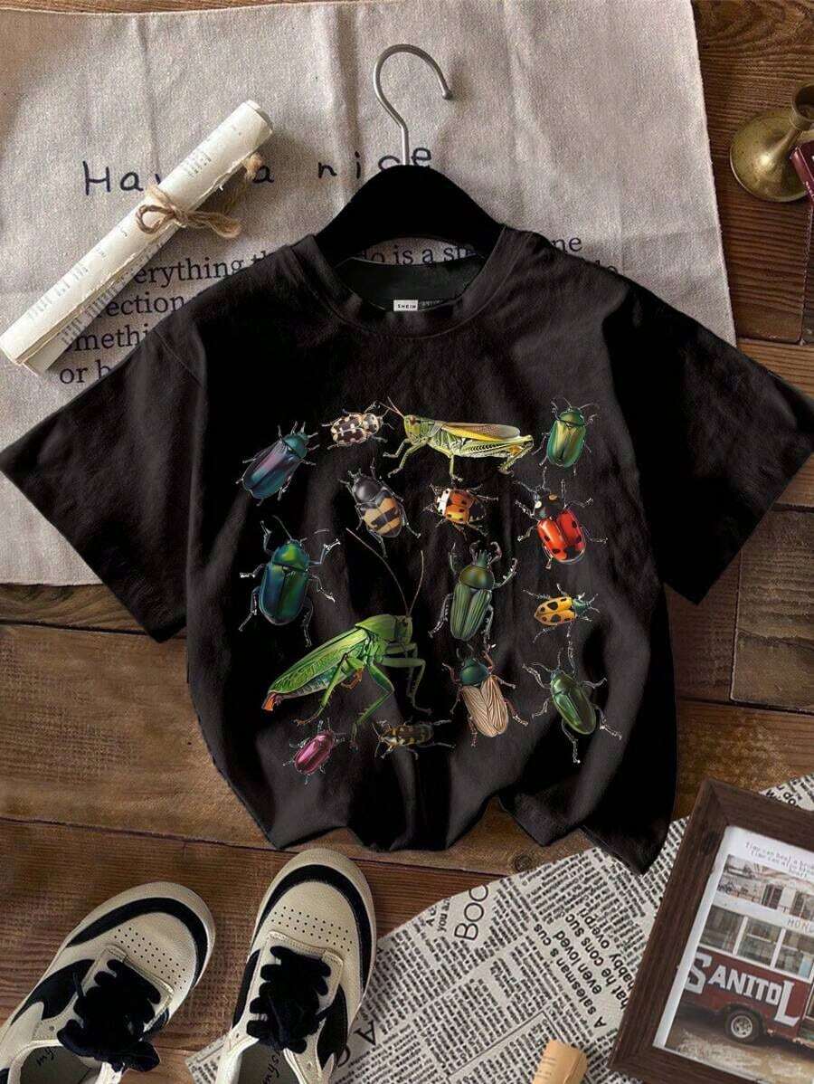 Camiseta de manga corta con cuello redondo y gráfico de insecto minimalista casual para niño, mezcla de algodón, adecuada para el verano100% Cotton - Negro - Ver 1