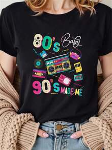 Women's Clothing. Colorful Graphics Celebrating 80s And 90s Pop Culture With Vintage Cassette Radio And Retro Console Evoking Youthful Nostalgia. Women's T-Shirt, 100% Cotton. - 黑色 - 查看 1