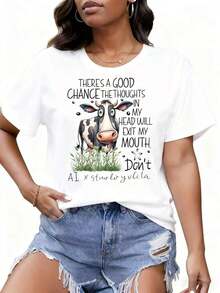 Cow Graphic T-Shirt With Funny Phrase: There's A Good Chance The Thoughts In My Head Will Come Out Of My Mouth. Don't AI X Sturlo Yvlica Women's Casual White T-Shirt. - 白色 - 查看 4