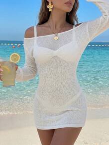 Vacation Beach Solid Color Knit Fitted Mini Cover-Up Dress White Summer - White - View 2