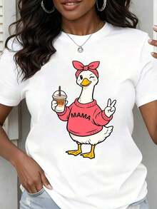 Women's Casual Loose Fit T-Shirt With 'Duck Mama' Print And Coffee Graphic And Peace Symbol For Everyday Wear And Maternity Style - 白色 - 查看 7