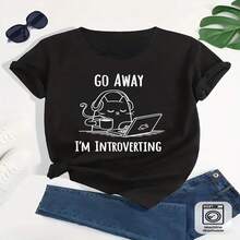 Women's Go Away I'm Introverting Funny Cat Graphic Cotton T-Shirt, Casual Short Sleeve Round Neck Tee Top, Summer Cute & Comfy Casual Wear - 黑色 - 查看 1