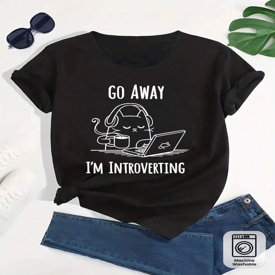 Women's Go Away I'm Introverting Funny Cat Graphic Cotton T-Shirt, Casual Short Sleeve Round Neck Tee Top, Summer Cute & Comfy Casual Wear - 黑色 - 查看 1