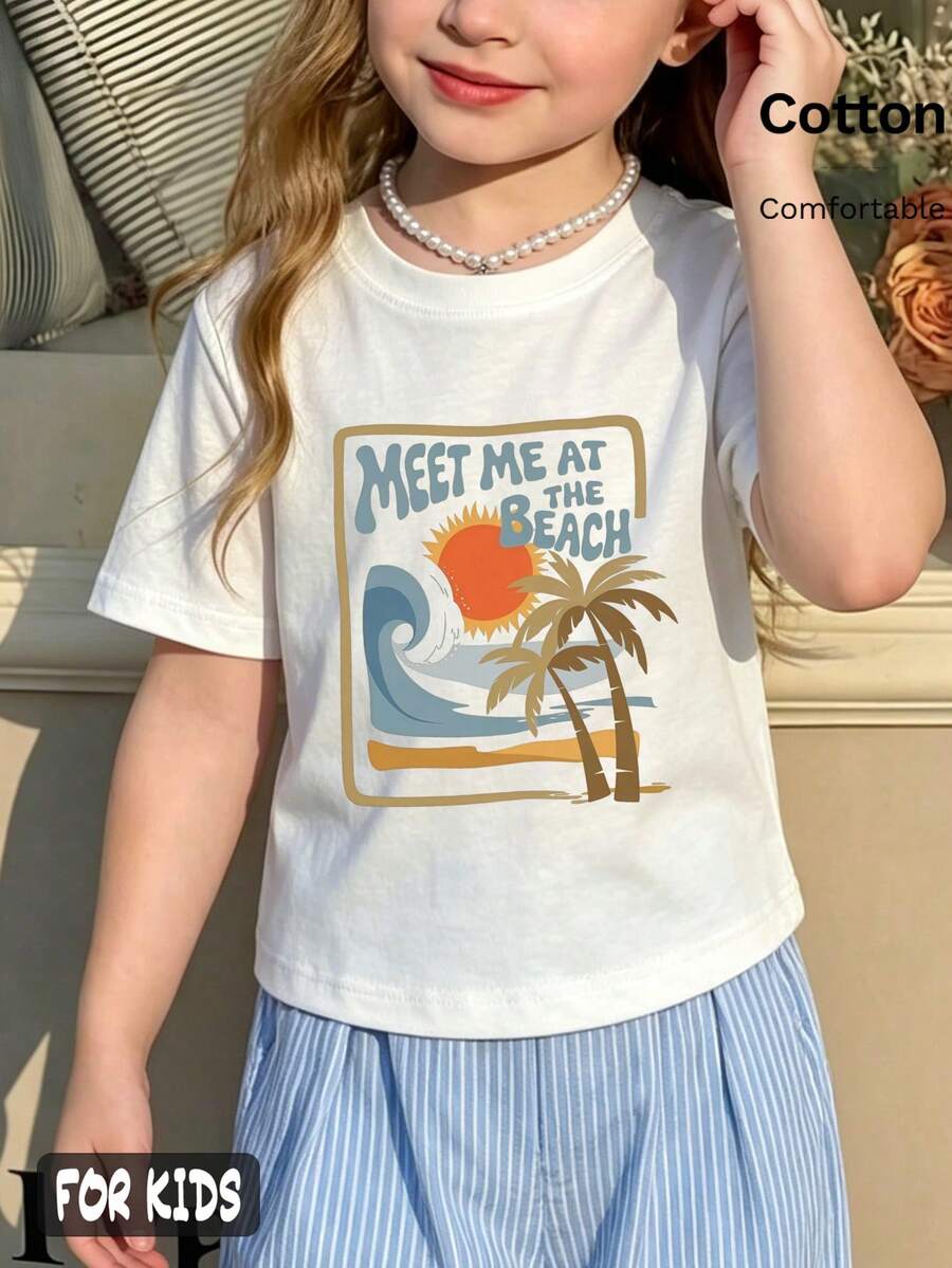 Camiseta de estilo playero de verano para niñas, ropa de verano para niñas preadolescentes, 1 pieza camiseta personalizada para niños grandes de 6-12 años, camiseta básica unisex, divertida, casual y versátil, para uso diario, deportes, carnaval, fiesta de cumpleaños, ceremonia de graduación infantil, estilo Y2K, atuendo de playa para viajes de vacaciones - Blanco - Ver 1