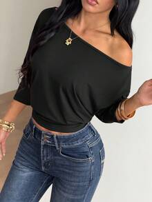 SMILE CHIC 女款不對稱單肩長袖 T-shirt 設計上衣 休閒黑色 - 黑色 - 查看 2