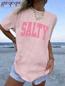 Women's Graphic T-Shirt "If You're Grumpy, Please Go Back To The Beach" With Salty Print, 100% Cotton, Double-Sided Print, Casual Summer Style, Plus Size | Summer Clothes | Vacation Clothes - Women's World Cup Print T-Shirt, 100% Cotton, Short Sleeve, Crew Neck, Casual Style - 淺粉色 - 查看 2