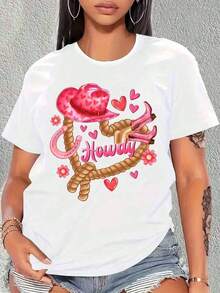 Women's T-Shirt With Pink Cowgirl Hat And Rope Design, Black T-Shirt For Women, Western Style Gift For Valentine's Day - 白色 - 查看 7