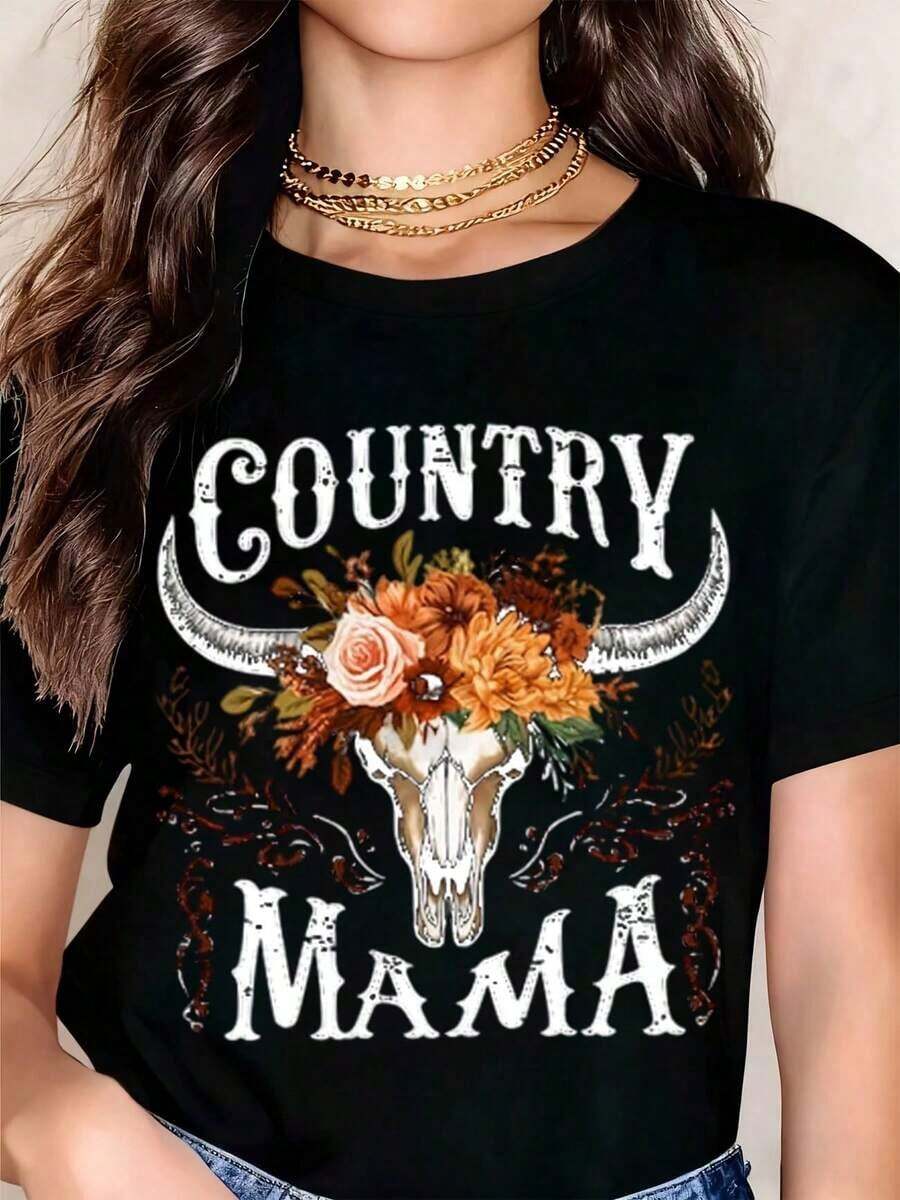 Women's T-Shirts, Mother's Day T-Shirt, Bull Skull And Flower Design, Casual Autumn Style, Round Neck, Short Sleeve, Perfect As A Birthday Gift And For Mother's Day, Suitable For Wearing In All Seasons And In Everyday Outdoor Life. - 黑色 - 查看 1