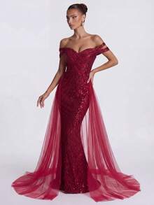 LOVE&LEMONADE Wine Red Elegant Off-Shoulder Flowing Mesh Patchwork Backless Criss-Cross Tie Mermaid Long Wedding Dress - Burgundy - View 5