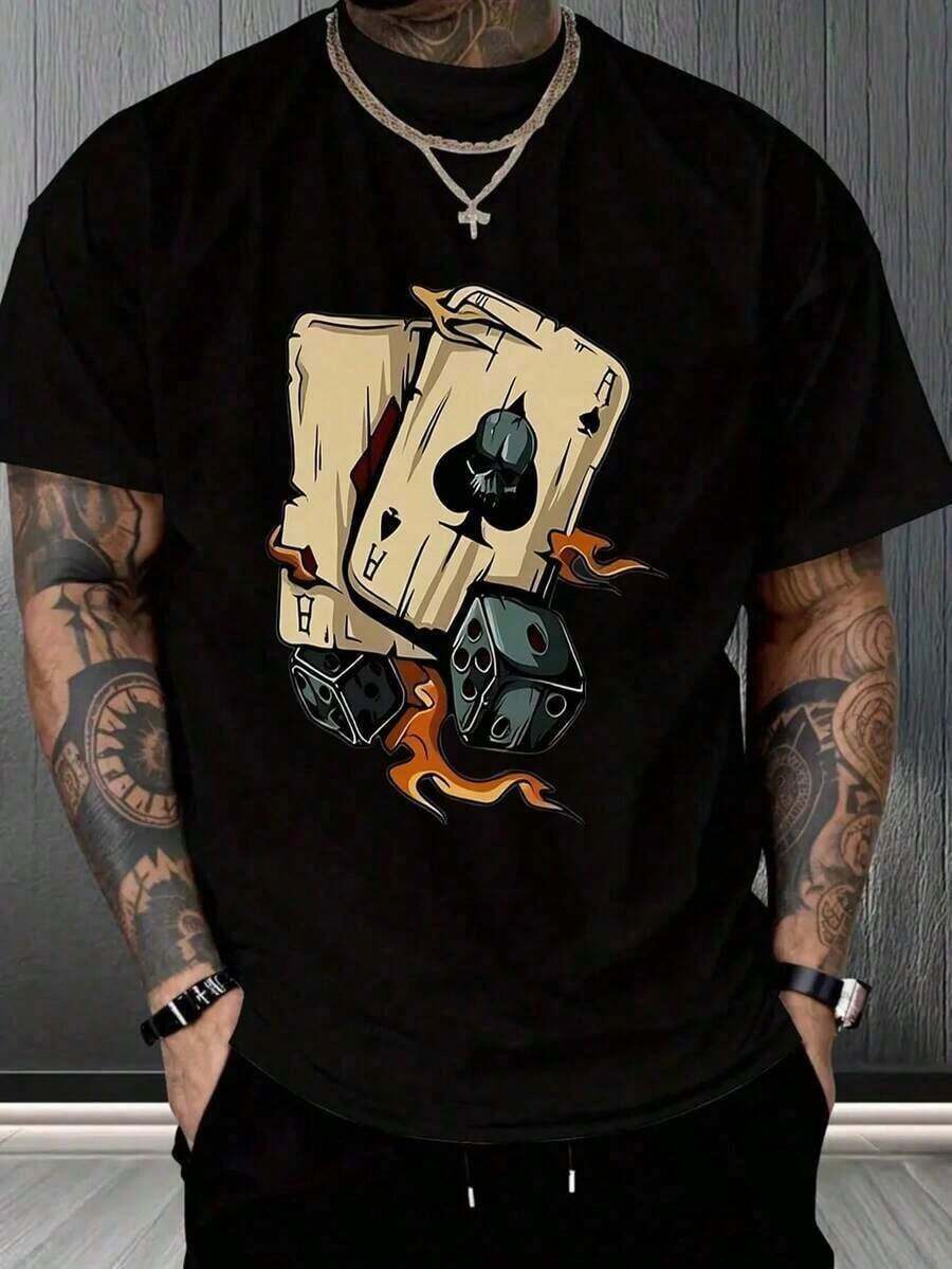 Men's Shirts, Men's T-Shirt + Fire Card And Dice Print + Design + 180% Cotton, Black + Nerd Fashion, Fans, Punk Style, For Gaming And Parties, Fun And Attractive, Men's Shirts, Men's T-Shirts, Mexican September Blouses, Men's Clothing, T-Shirts, Halloween, Men's Sportswear WW5F - 黑色 - 查看 1
