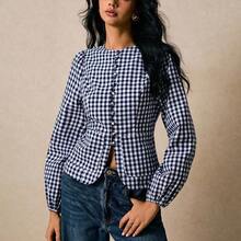 Camisa casual de mujer de manga farol de solapa única a cuadros - Burdeos - Ver 6
