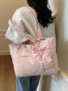 Simple Solid Color New Popular Quilted Tote Bag In Spring And Summer, Lightweight, Practical And Large Capacity With Body Patch Pockets, Shoulder Bag, Zipper Switch, Double Shoulder Straps, High-Value Armpit Bag, Suitable For Commuting To Work, School, Class, Shopping And Storage - Pink - View 4