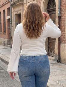 Women's V-Neck Lace Patchwork Long Sleeve Top - White - View 5