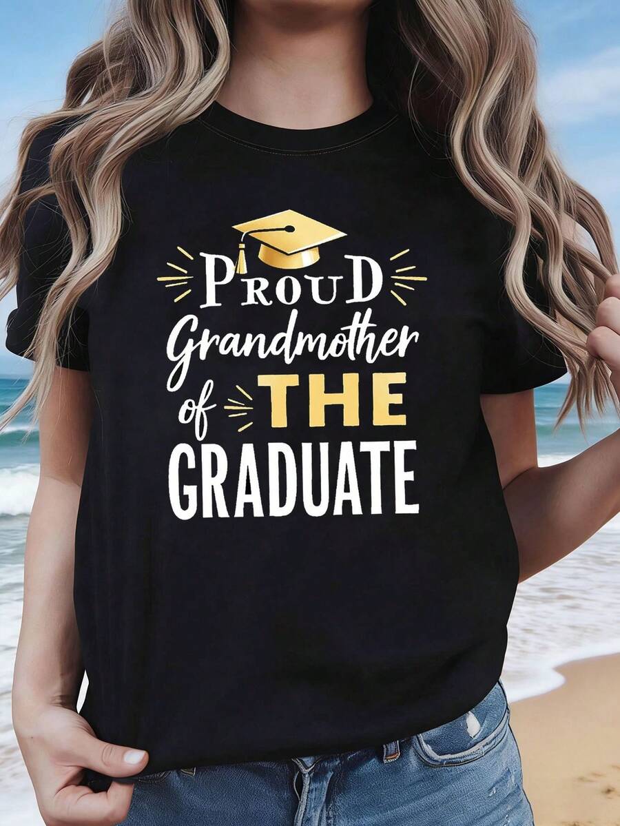 Camiseta para Mujer con Estampado "Abuela Orgullosa del GRADUADO", Perfecta para la Temporada de Graduación, Reuniones Familiares, Ceremonias y Celebraciones con Familiares. Un Elegante Conjunto de Manga Corta para Salidas Diarias - Negro - Ver 1