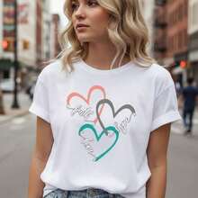 Women's Cotton T-Shirt With A Graphic Print Of Faith, Hope, And Love, Short Sleeve, Crew Neck, Casual Style, Sizes S-5XL, Loose Fit Summer T-Shirt, Inspirational Religious Heart Design, Soft And Comfortable For Everyday Wear. Ideal Gift. - 藍色 - 查看 8