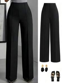 Plus Size EARO Comfortable Long Straight Leg Non-Stretch Fabric Pants, Fashionable Elegant Versatile Loose Fit Slimming Black - Black - View 7