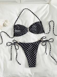 Bộ bikini hai mảnh gợi cảm, thanh lịch dành cho nữ mùa hè 2026, đồ bơi đi biển, bikini kẻ caro hồng với quần tam giác buộc dây, bikini chấm bi buộc dây - màu đen - Xem 4