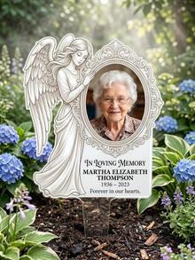 Custom Photo Acrylic Memorial Stand, Custom Name&Date, Angel Carved Transparent Acrylic, Waterproof Sun-Proof, Condolence Keepsake For Grieving Families, Indoor Outdoor Grave Garden Memorial Decor - Model 1 - View 2