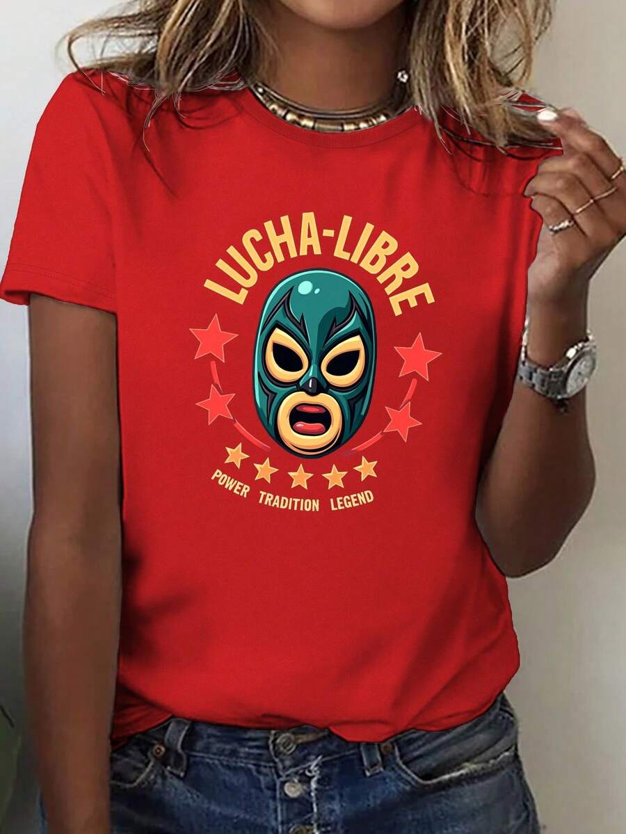 Camiseta de Lucha Libre para Mujer con Máscara de Luchadora - Beige con Detalles en Verde Azulado y Rojo - Tejido Suave y Transpirable para Fans de Lucha, Fiestas de Disfraces y Ropa Casual - Prenda Ligera de Lucha Libre Mexicana para Uso Diario, Estilo Casual, Estampado Atrevido, Ajuste Cómodo, Manga Corta, Ideal para Usuarios Casuales - Rojo - Ver 1