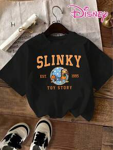 Talla grande, ropa de verano auténtica de Disney para mujeres con el personaje Slinky Dog de Toy Story, con estampado de dibujos animados, incluyendo el texto "SLINKY", establecido en 1995 y el logotipo de TOY STORY - Nueva camiseta de manga corta de verano para mujer, camiseta estampada casual y de moda - Negro - Ver 2